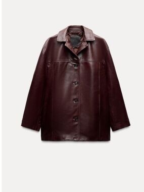 ZARA 100% Soft Leather Jacket Burgundy Button Front Collared Premium Size Small